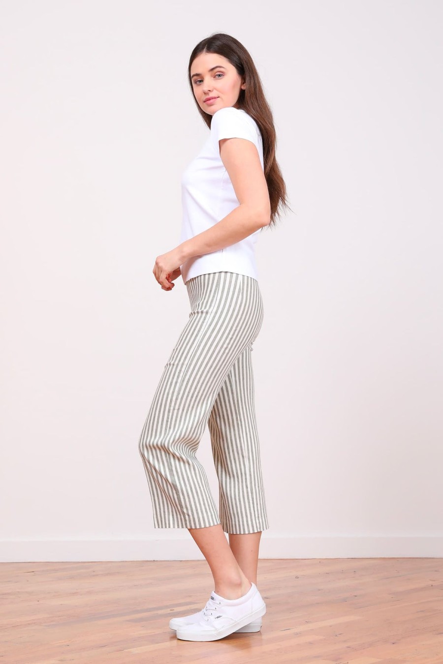 Pants | AVENUE MONTAIGNE Alex Linen Stripes Bengal Olive